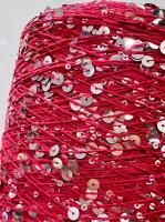 Пряжа с пайетками, нить красно-малиновая, пайетка серебро 083 (98% хлопок, 2% полиамид) 120 м/50 гр 